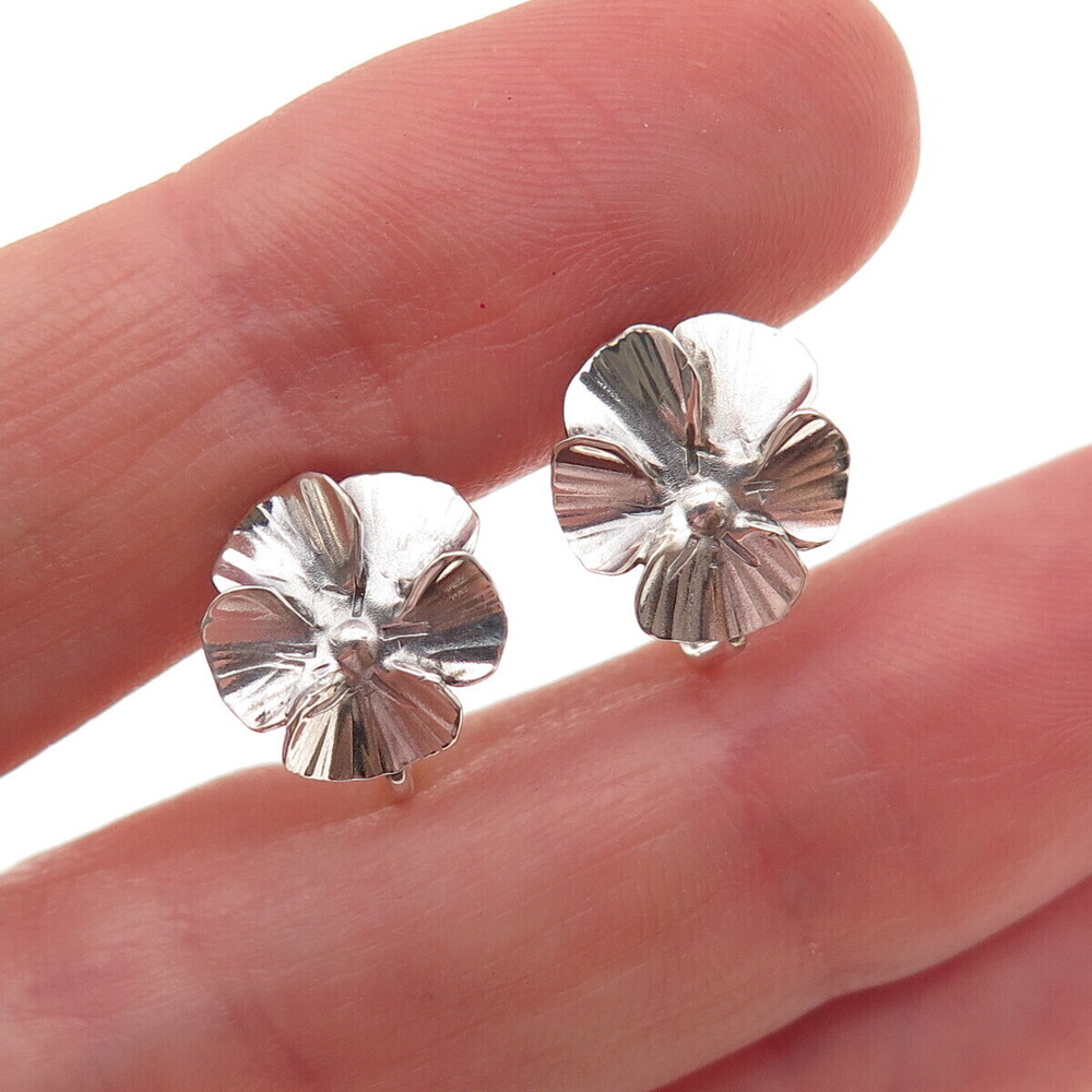 925 Sterling Silver Antique Art Deco Floral Blossom Screw Back Earrings
